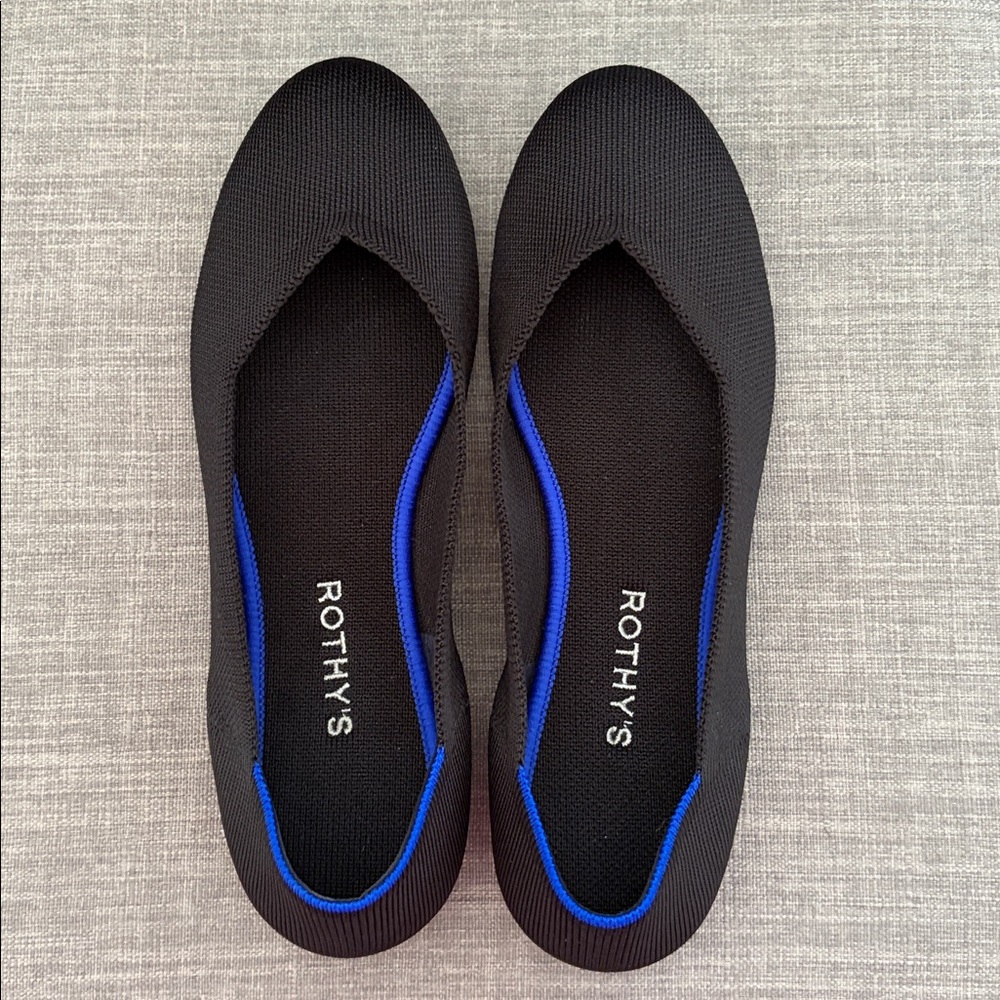 Rothy's Black Flats with Royal Blue Trim - Picture 2 of 11